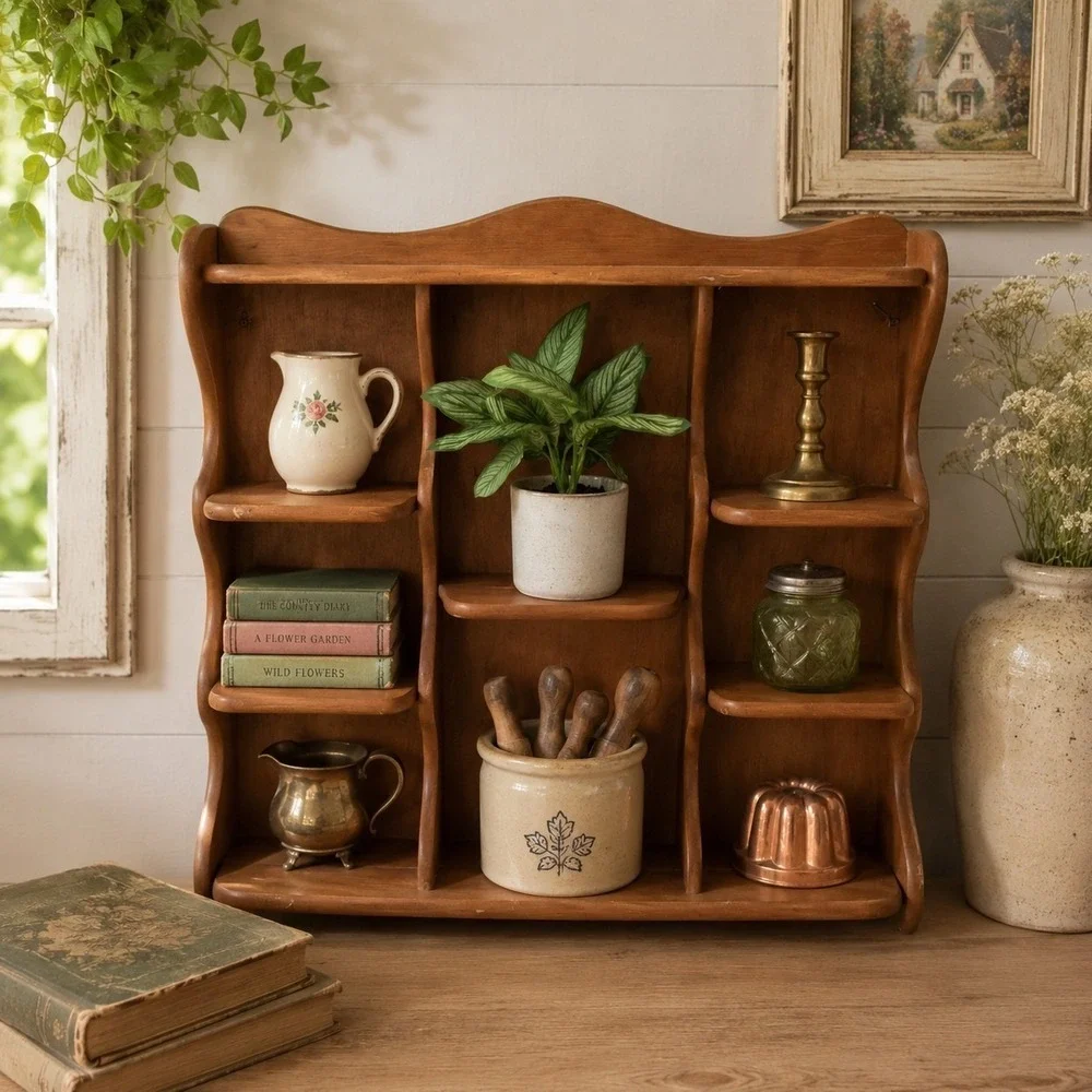 Vintage Rustic Country Maple Wall Tea Cup Saucer Display Shelf Curio Rack 24x24